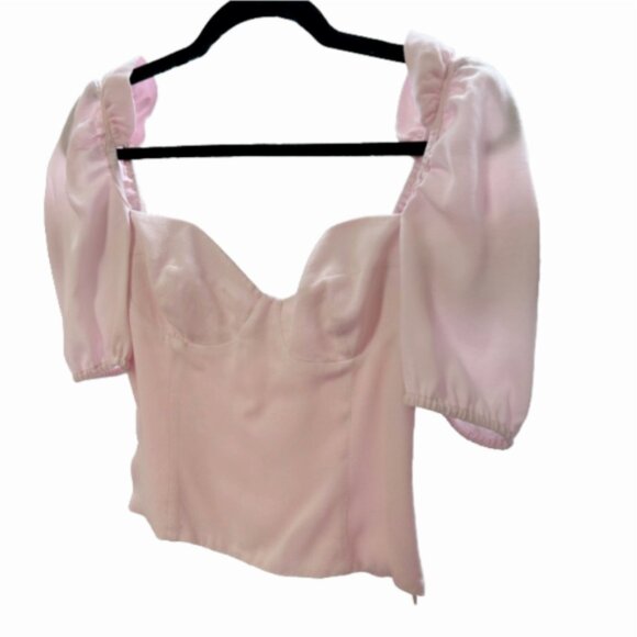 Aritzia Wilfred Novella Pastel Pink Crepe Smocked Crop Top Blouse S Puff Sleeve - Picture 6 of 11